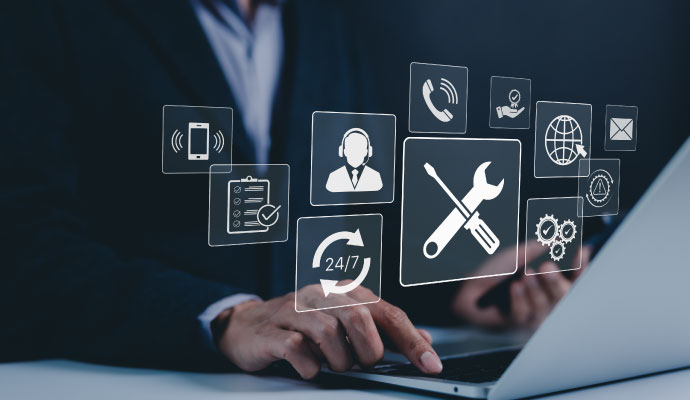 Digital interface representing 24 7 security support monitoring maintenance and customer service solutions
