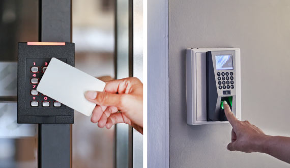 Collage of key card reader and fingerprint scanner