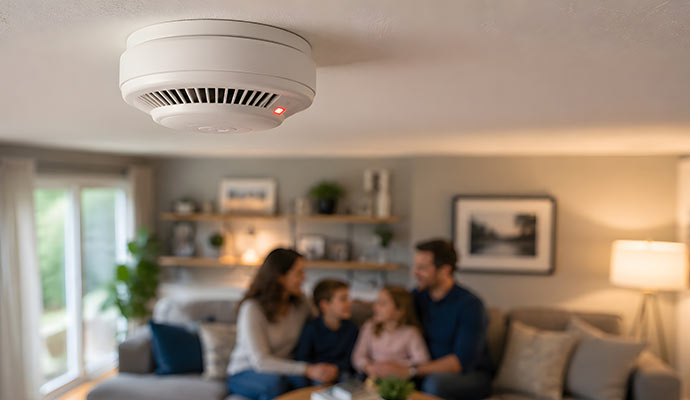 Ceiling smoke detector protecting family in living room