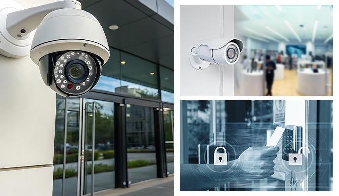Collage business monitoring cameras for enhanced business security.