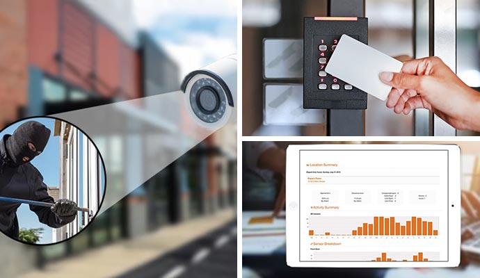 Collage of burglary detection, access control and smart reporting