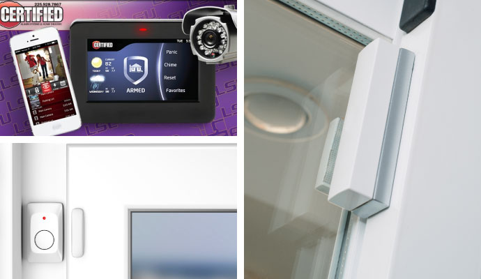 Collage of burglary detection devices including interactive panel, window and door sensors, and glass break detector