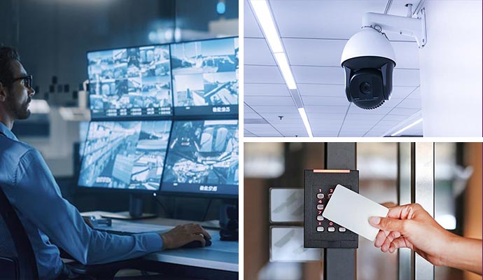 Collage of business monitoring, security camera and access control system
