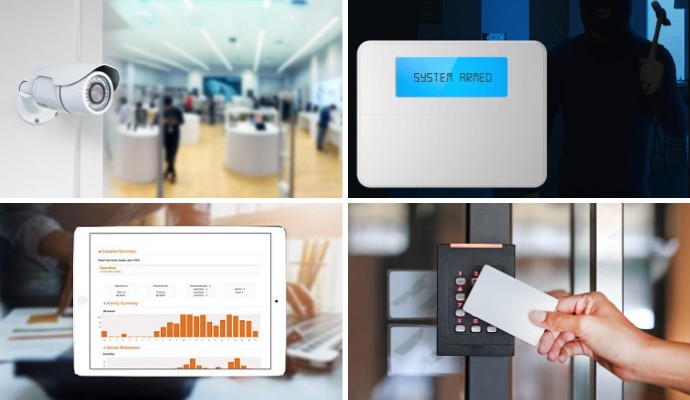 Collage of business security camera, burglary detection system, smart business reporting system and access control system