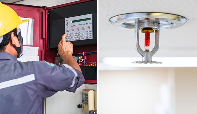 Collage of fire alarm monitoring and fire sprinkler