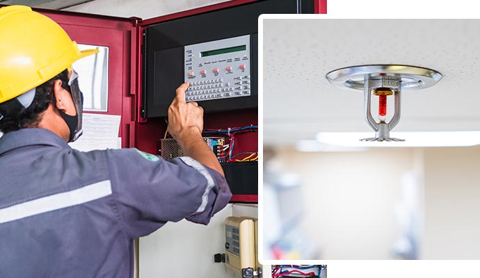 Collage of fire sprinkler monitoring and an installed fire sprinkler