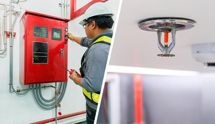 Collage of a technician inspecting fire safety and a sprinkler alarm