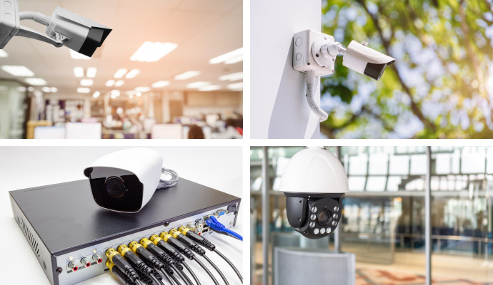 Collage of indoor and outdoor cameras, an NVR, and IP-PTZ cameras