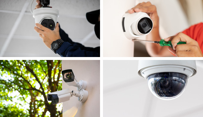 Collage of indoor and outdoor security camera installation