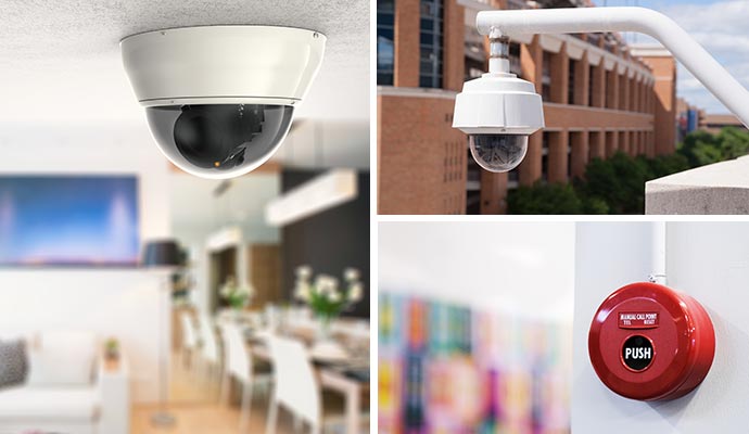 Collage showing an indoor security camera in a dinning area, an outdoor camera on a commercial building and a red fire alarm mounted on a wall