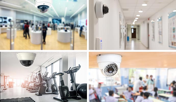 Collage of installed camera in retail store, hospital, gym and school