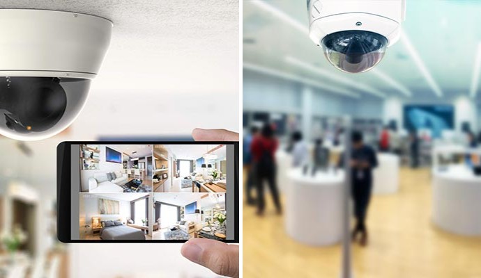 A collage of installed home and business security cameras