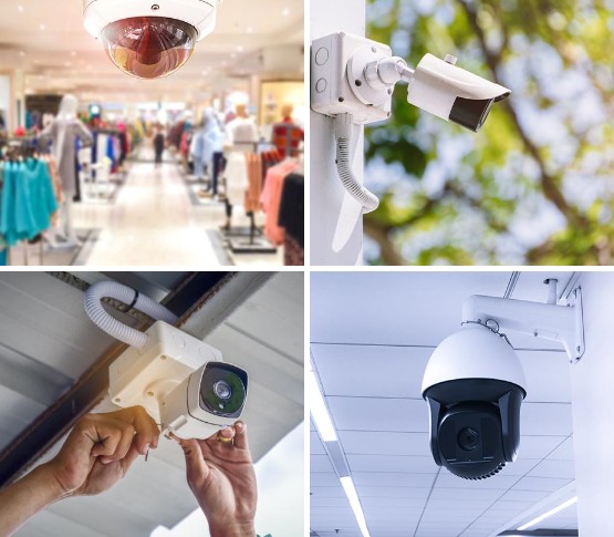 A collage of installed indoor, outdoor, nvr and ip ptz camera