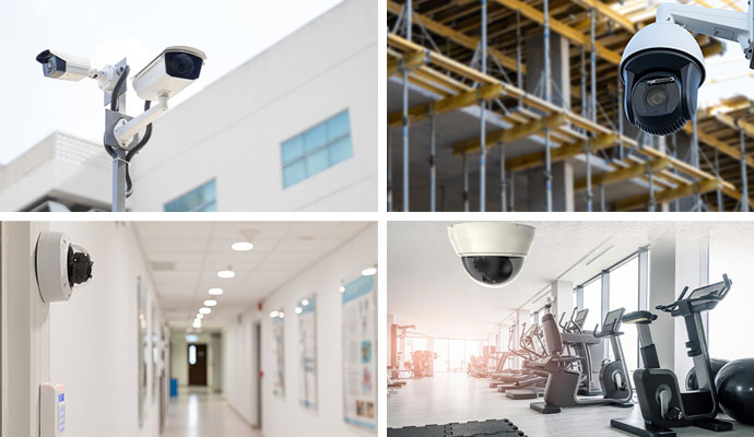 Collage of installed security camera in different industries