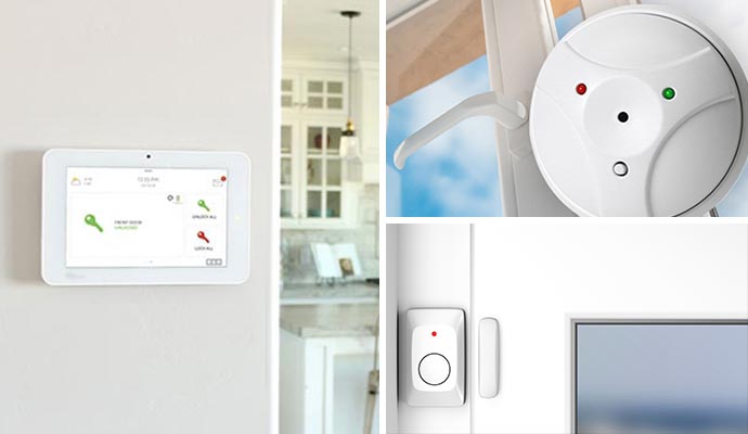 Collage of interactive panel, glass break detector and door sensor
