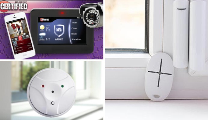 Collage of an interactive panel, a glass break detector and a window sensor.