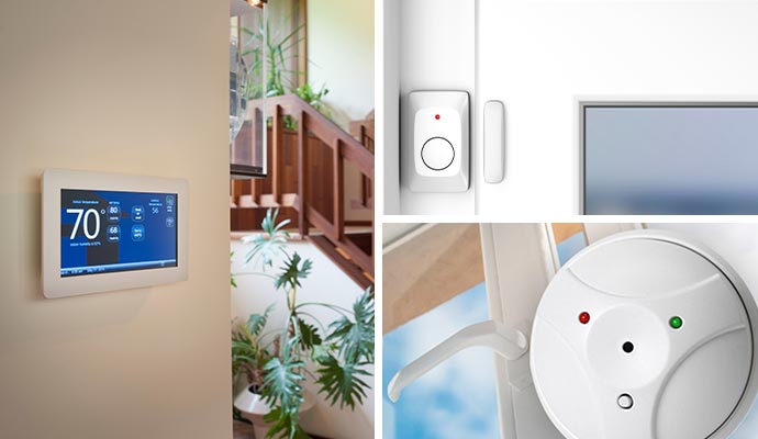 Collage of interactive panel, window sensor, and glass break detector