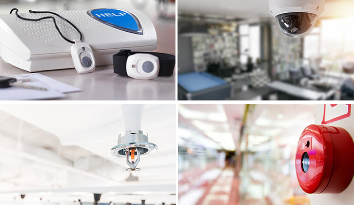 Collage of medical alert device, security camera, fire sprinkle and fire alarm
