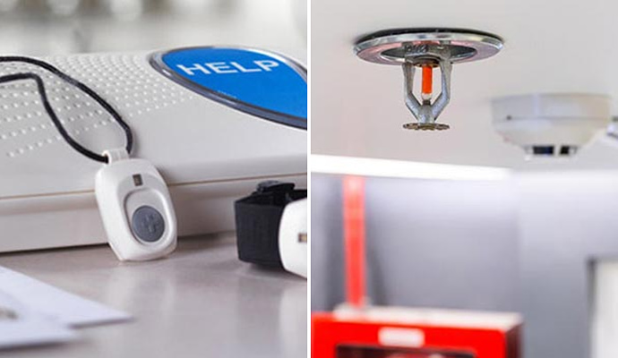 Collage of medical alert system and fire sprinkler