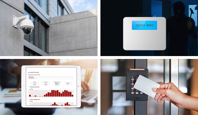 Collage of multiple smart security systems for businesses