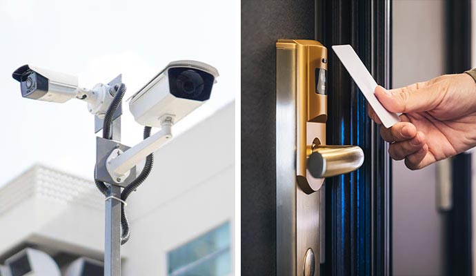 Collage of outdoor surveillance and a person using keycard unlocking door