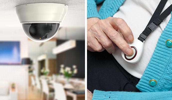 Collage of security camera and medical alert system