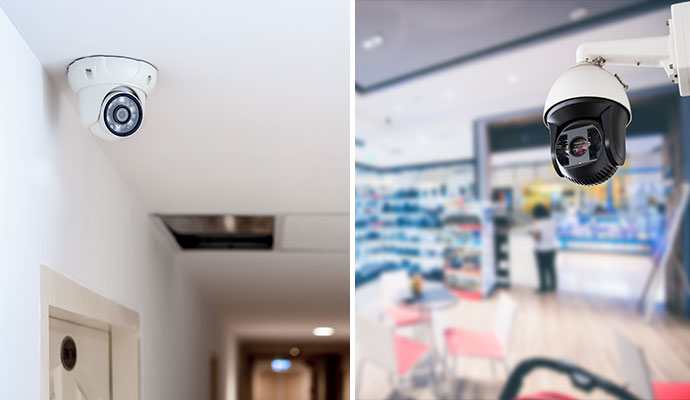 Collage of security camera at home and retail store