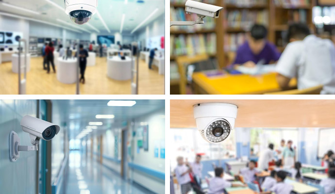 Collage of security camera installed in different industries
