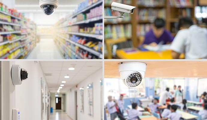 Collage showing security cameras installed in a retail store, a library, a healthcare hallway and a classroom for comprehensive surveillance