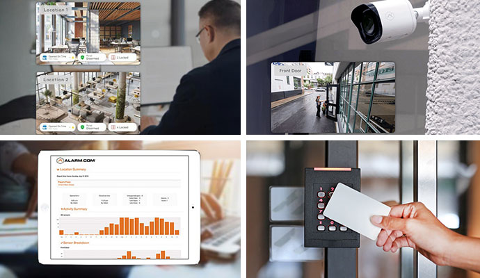 Collage of security monitoring, smart reporting, security camera, and access control system