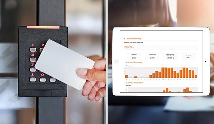 Collage showing a smart access control keypad with a key card and a tablet displaying a smart reporting system for security monitoring