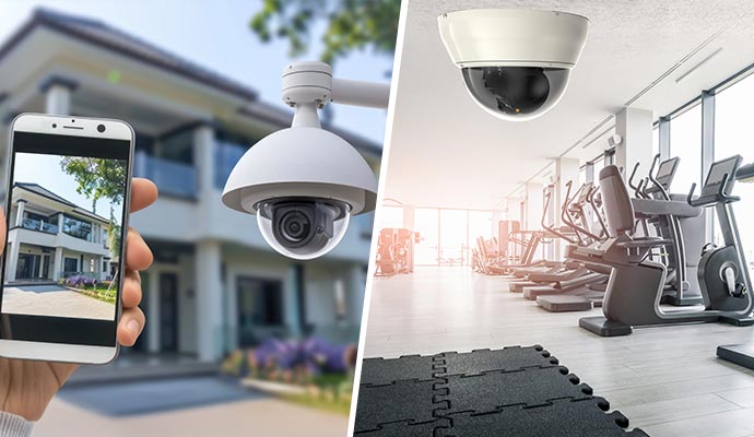 Collage of smartphone with outdoor and indoor dome security cameras Collage showing a smartphone displaying live feeds from an outdoor dome camera and an indoor gym ceiling-mounted camera