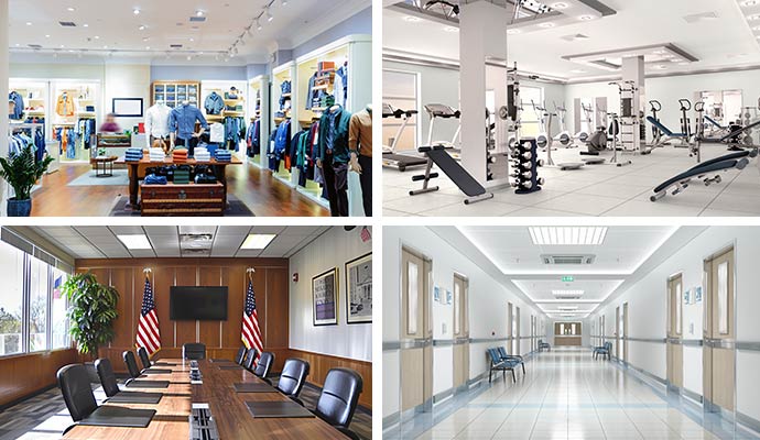 A collage showing professionally cleaned commercial spaces including a clothing retail store, a fitness gym, a corporate boardroom, and a medical facility hallway