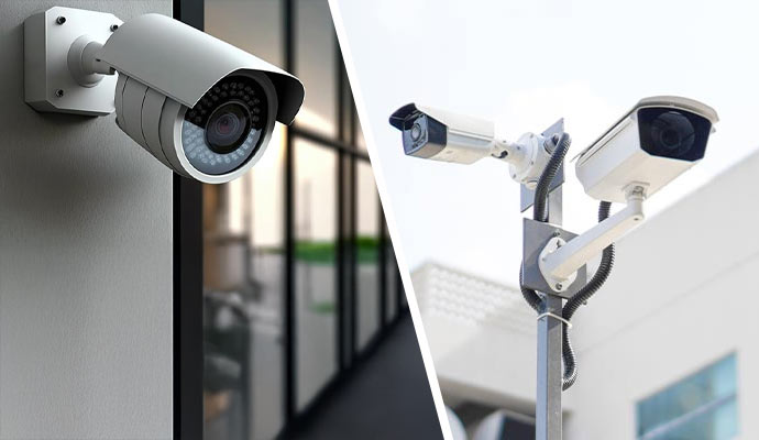 Commercial outdoor security cameras protecting facility