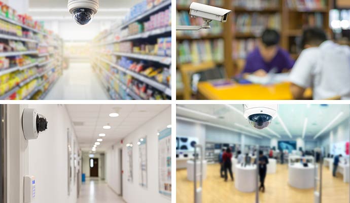 A collage of security cameras installed in various business environments including a grocery store, a library, a school hallway, and a retail electronics shop