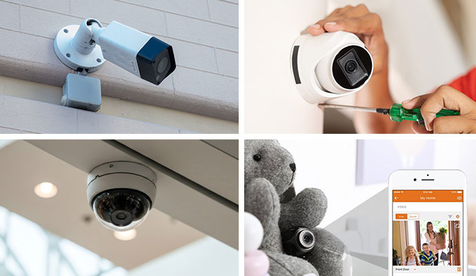 Collage of different types of security cameras