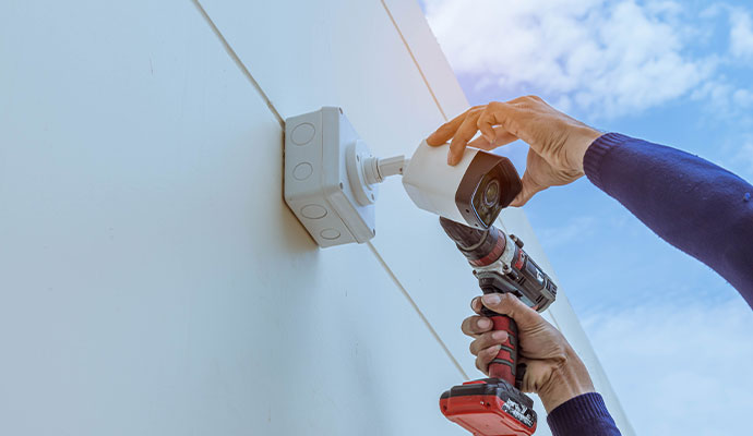 Expert installing security camera outside the building