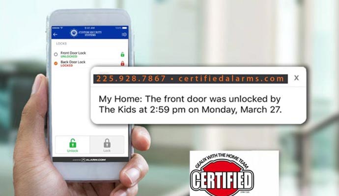 Smartphone displaying a home security app with a notification alert showing that the front door is unlocked