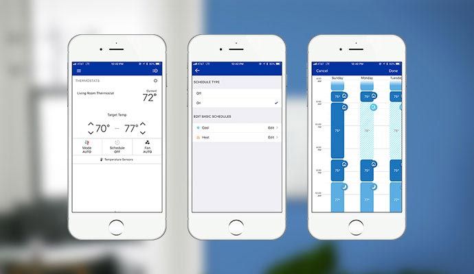 Smart thermostat app for temperature control Three smartphones displaying smart thermostat app screens for temperature control and scheduling