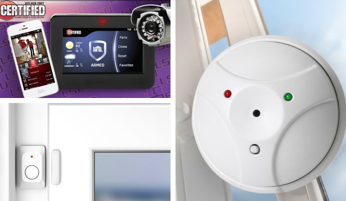 Collage of smart home security panel window sensors and residential alarm monitoring devices