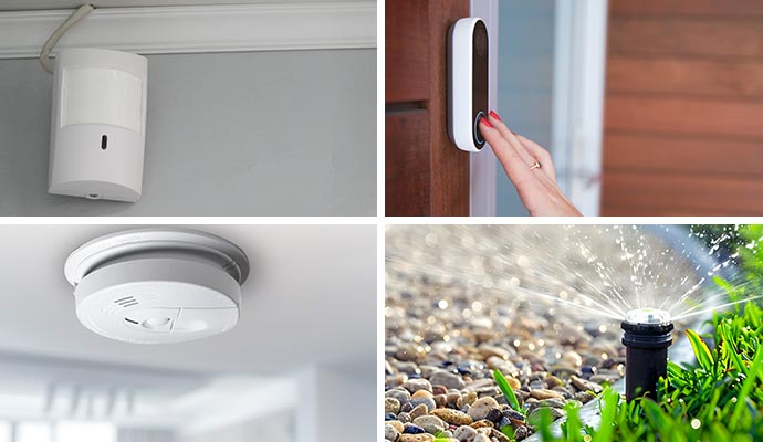 Collage of motion detection, doorbell, smoke detection and smart watering system