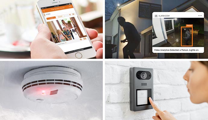 Collage of smart app, burglary detection, installed smoke detector and video doorbell