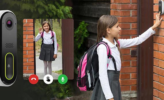 Smiling girl approaches front door, checking home video doorbell