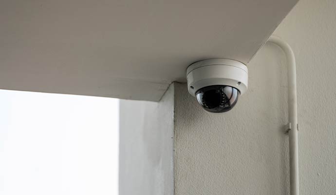 A white dome security camera mounted on a ceiling corner for panoramic surveillance