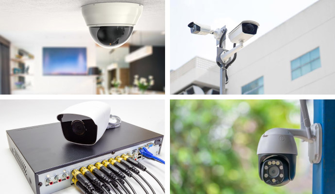 Collage of indoor, outdoor and PTZ security cameras with surveillance recording and monitoring systems