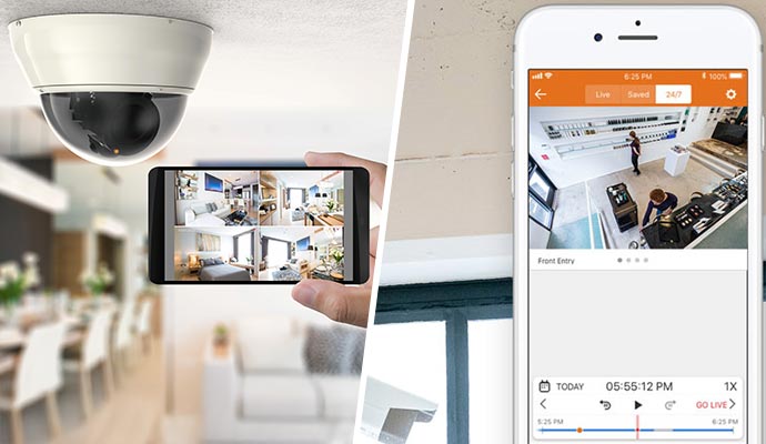 Collage of home and business surveillance system streaming live camera footage on a smartphone