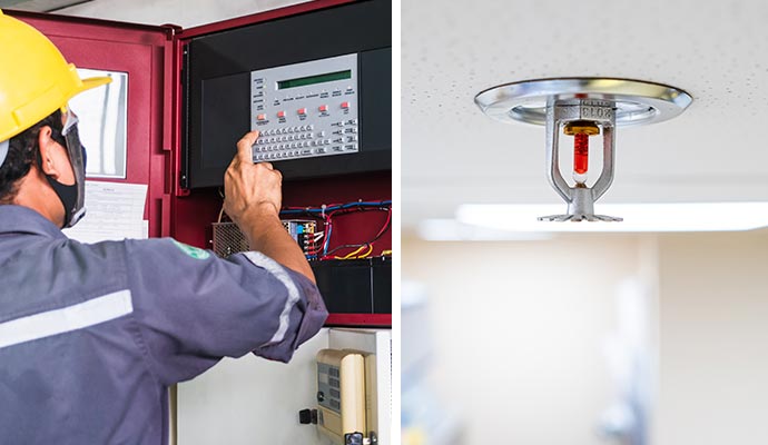 Technician inspecting fire control system and an installed fire Sprinkler