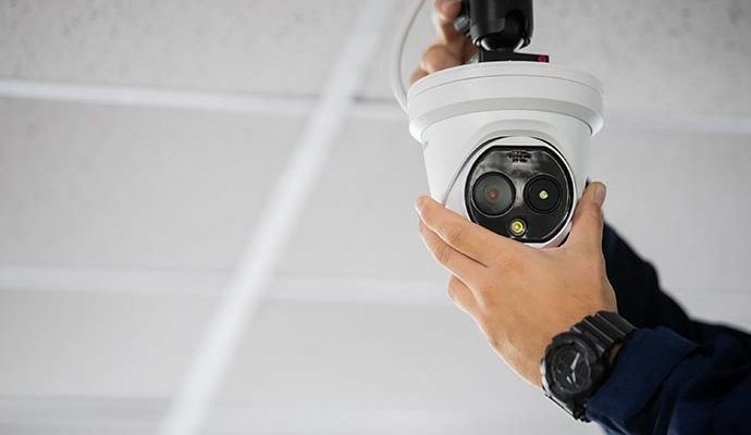 Technician installing IP cameras in a commercial space.