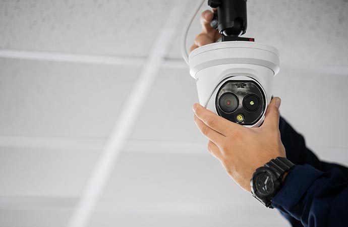 Technician installing IP wireless security cameras in a commercial space.